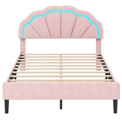 Upholstered LED Bed Frame with Adjustable Flower Headboard and Metal Support Feet Pink