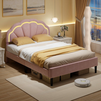 Upholstered LED Bed Frame with Adjustable Flower Headboard and Metal Support Feet Pink