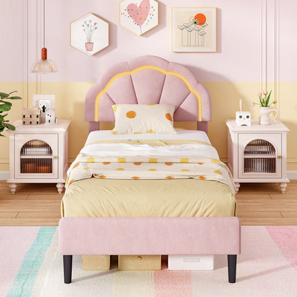 Upholstered LED Bed Frame with Adjustable Flower Headboard and Metal Support Feet Pink