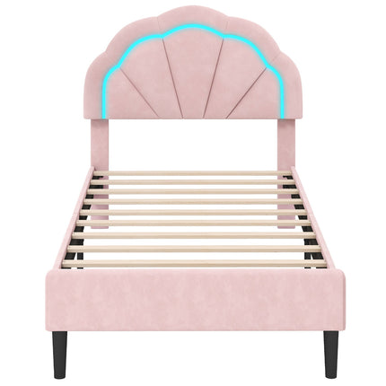 Upholstered LED Bed Frame with Adjustable Flower Headboard and Metal Support Feet Pink