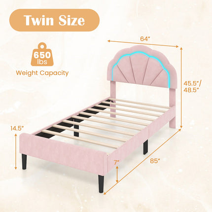 Upholstered LED Bed Frame with Adjustable Flower Headboard and Metal Support Feet Pink