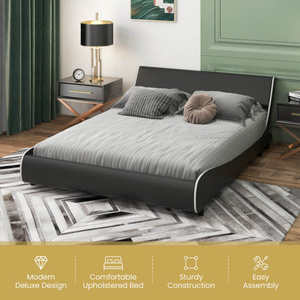 Upholstered Platform Bed Frame Low Profile Faux Leather with Curved Headboard