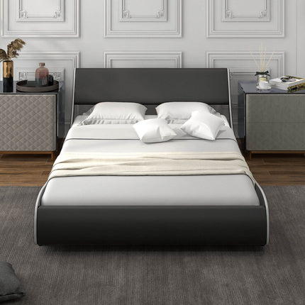 Upholstered Platform Bed Frame Low Profile Faux Leather with Curved Headboard