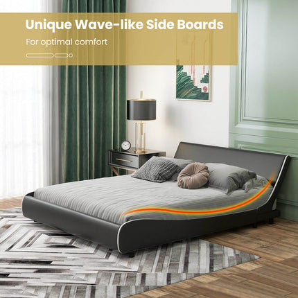 Upholstered Platform Bed Frame Low Profile Faux Leather with Curved Headboard