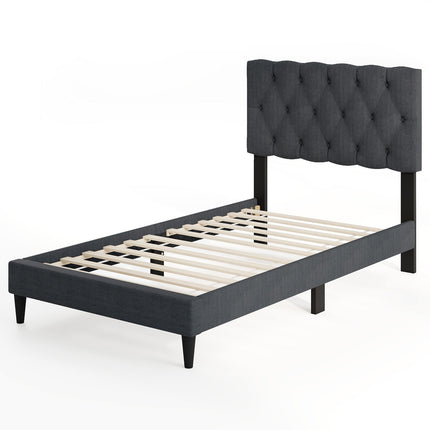 Upholstered Platform Bed with Tufted Headboard and Wooden Slats Gray