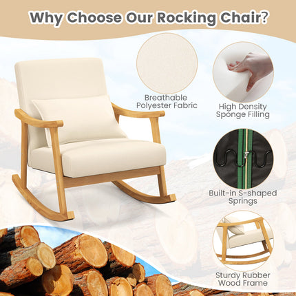 Upholstered Rocking Chair with Pillow and Rubber Wood Frame