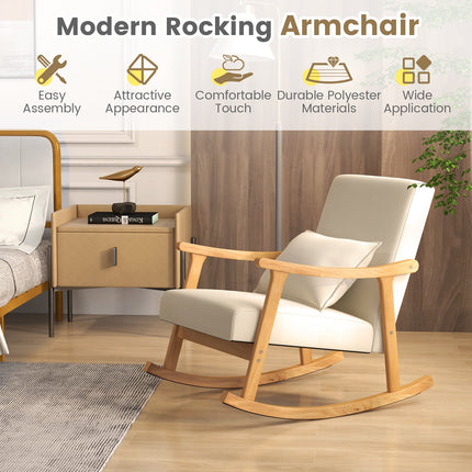 Upholstered Rocking Chair with Pillow and Rubber Wood Frame