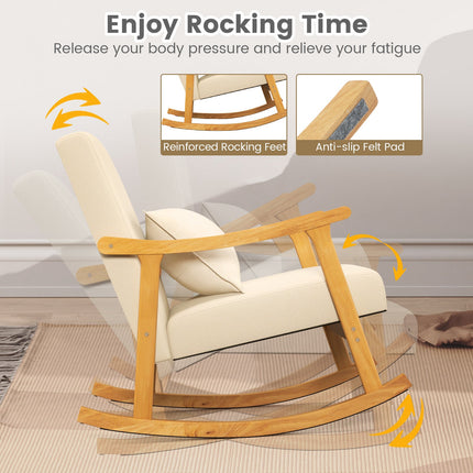 Upholstered Rocking Chair with Pillow and Rubber Wood Frame