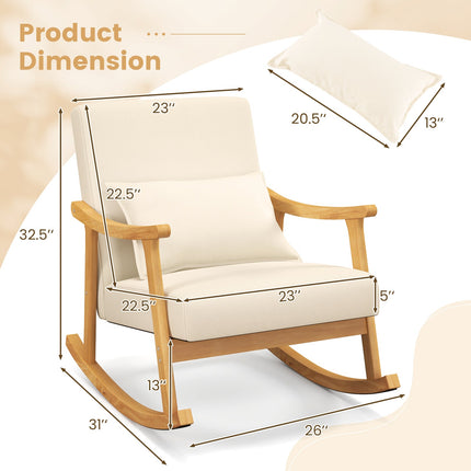 Upholstered Rocking Chair with Pillow and Rubber Wood Frame