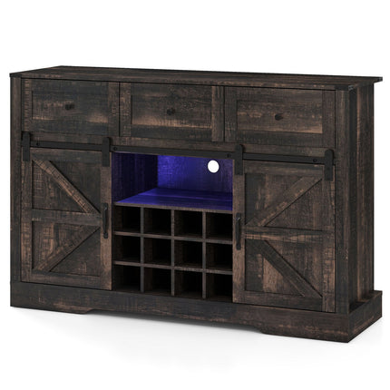 52 Inches Wine Bar Cabinet with LED Lights and Sliding Barn Doors