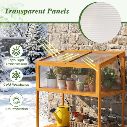 Wood Cold Frame Greenhouse with Transparent Openable Roof and Slatted Storage Shelf-Orange