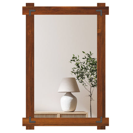 Wood Framed Mirror with Acacia Wood Frame and Vintage Rivet Design Brown
