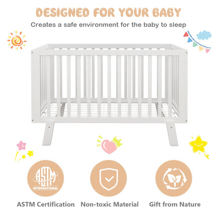 Rubber Wood Baby Crib with Adjustable Mattress Heights and Guardrails-White