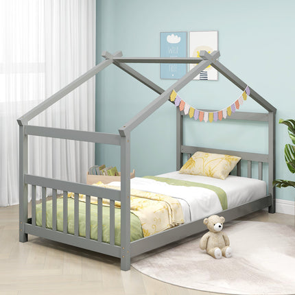 Twin Size Wooden House Bed with Roof
