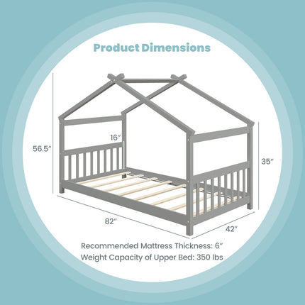 Twin Size Wooden House Bed with Roof