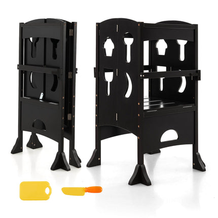 Folding Wooden Step Stool with Lockable Safety Rail for Toddler 3+
