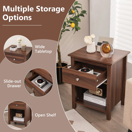 Wooden Nightstand with Slide-out Drawer and Open Shelf