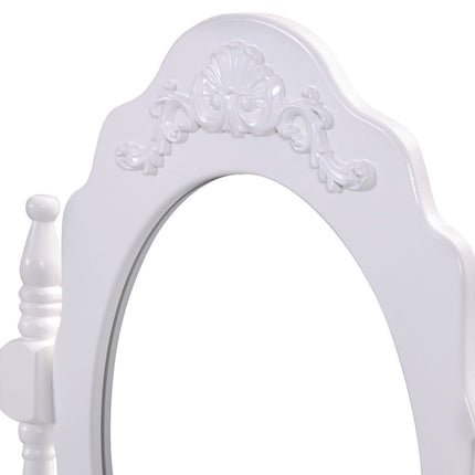 Vanity Table Set with Cushioned Stool with 360¬∞ Rotating Oval Mirror and Three Drawers-White