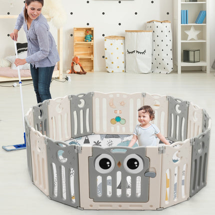 16-Panel Baby Activity Center Play Yard with Lock Door -Beige