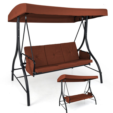 3-Piece Patio Swing with Canopy Removable Cushions and Side Pockets