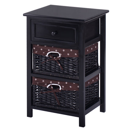 3 Tiers Wooden Storage Nightstand with 2 Baskets and 1 Drawer