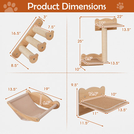 Cat Wall Furniture Set of 4 with Hammock 2-step Cat Tree and Perch-Natural