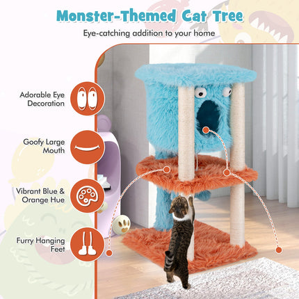 Cute Monster-Themed Cat Tower with Private Condo and Soft Long Plush-Blue