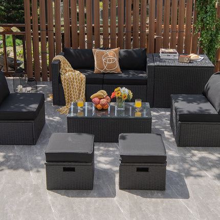8 Pieces Patio Rattan Storage Table Furniture Set