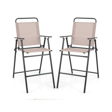 Set of 2 Patio Folding Bar-Height Chairs with Armrests and Quick-Drying Seat-Beige