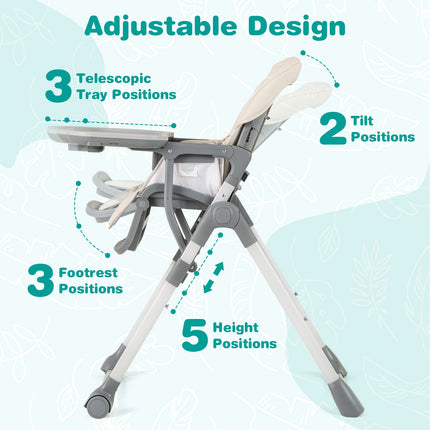 Foldable High Chair with Footrest and Detachable Tray