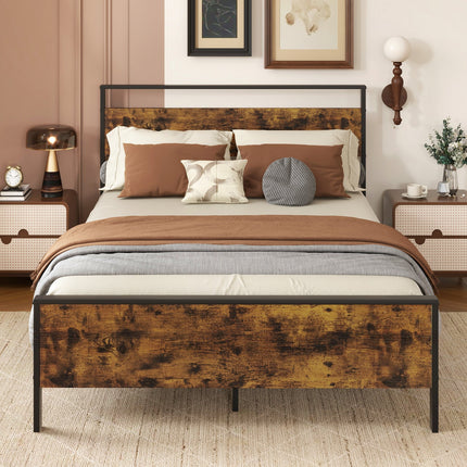 King Metal Bed Frame Industrial Platform Bed with Wooden Headboard
