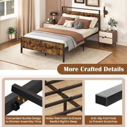 King Metal Bed Frame Industrial Platform Bed with Wooden Headboard
