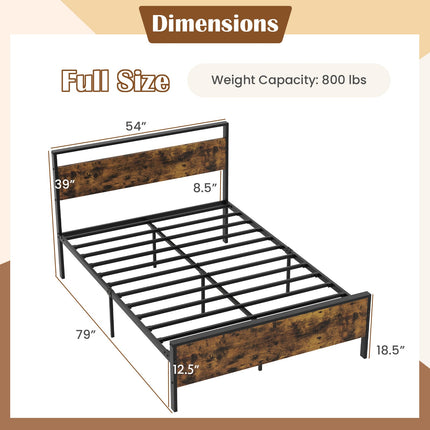 King Metal Bed Frame Industrial Platform Bed with Wooden Headboard