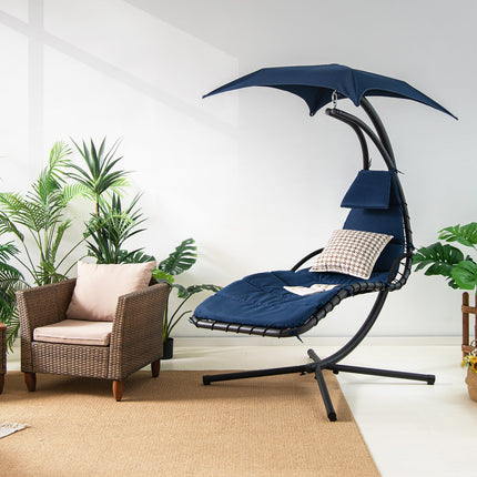 Hanging Curved Steel Swing Chaise Lounger with Removable Canopy