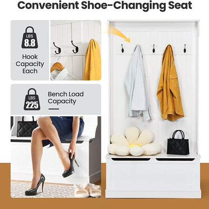 3-in-1 Entryway Hall Tree Coat Rack Shoe Bench with Hooks and Bottom Storage-White