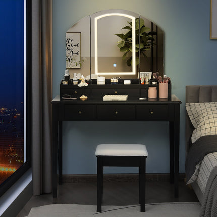 Vanity Table Stool Set with Large Tri-folding Lighted Mirror