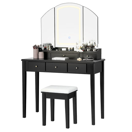 Vanity Table Stool Set with Large Tri-folding Lighted Mirror