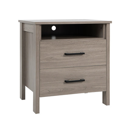 Modern Wood Grain Nightstand with Cable Hole and Open Compartment