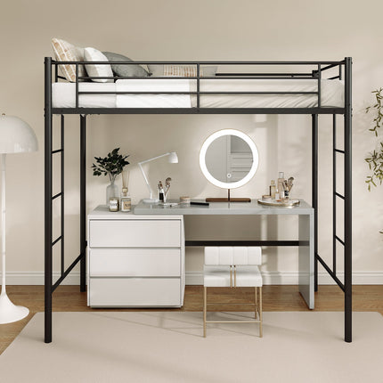 Twin Loft Bed Frame with 2 Ladders Full-length Guardrail