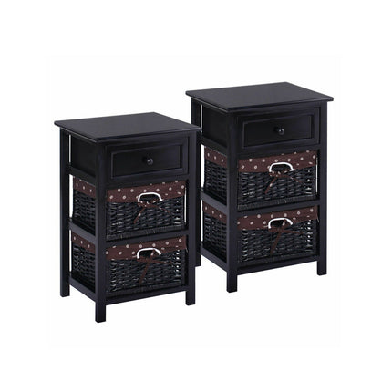 3 Tier Set of 2 Wood Nightstand with 1 and 2 Drawer
