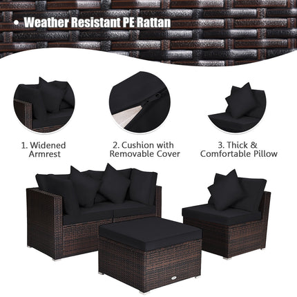 4 Pieces Ottoman Garden Patio Rattan Wicker Furniture Set with Cushion-Gray