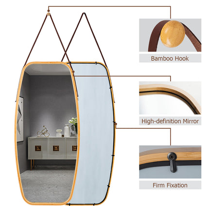 Modern Wall Mirror with Bamboo Frame and Adjustable Leather Strap