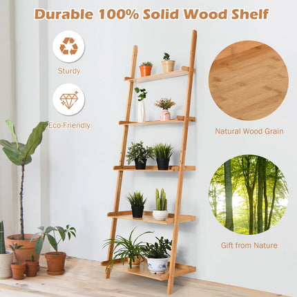 5-Tier Ladder Shelf Bamboo Bookshelf Wall-Leaning Storage Display Plant Stand-Natural
