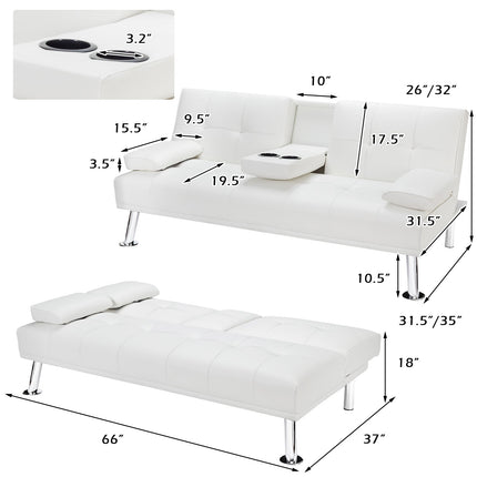 Convertible Folding Leather Futon Sofa with Cup Holders and Armrests