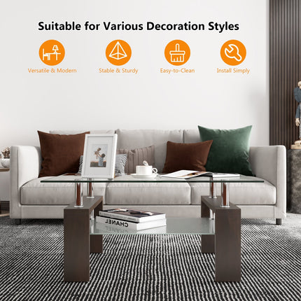Rectangular Tempered Glass Coffee Table with Shelf
