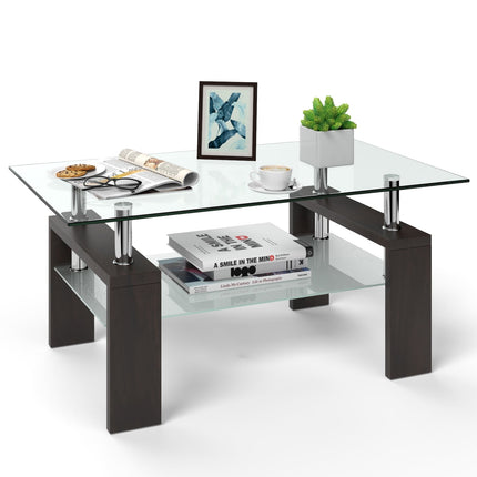 Rectangular Tempered Glass Coffee Table with Shelf