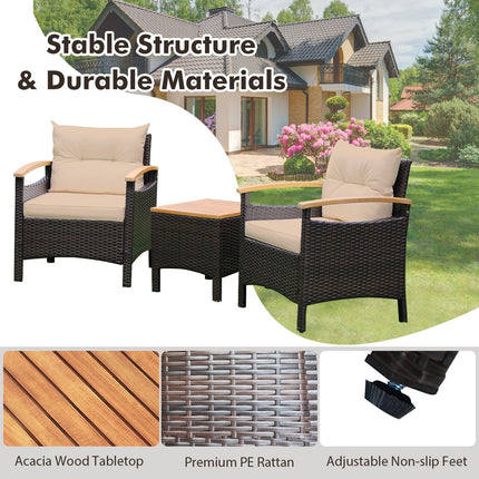 3 Pieces Patio Rattan Furniture Set with Removable Cushion