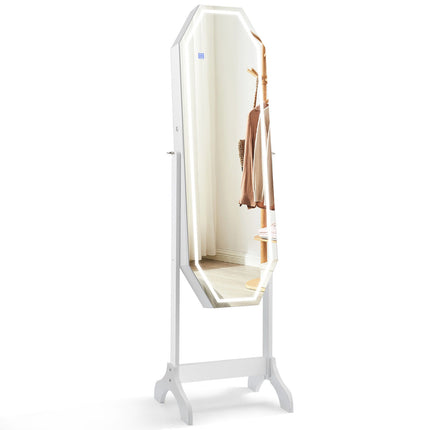 Standing Jewelry Cabinet Armoire Organizer LED Light Mirror Lockable White