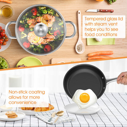7-Piece Stainless Steel Cookware Set with Tempered Glass Lid-Silver