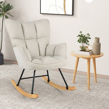 Linen Nursery Rocking Chair with High Backrest and Padded Armrests